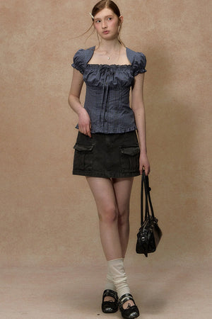 Plaid Puff Sleeve Ruched Top