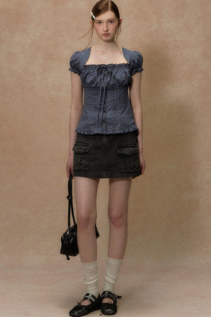 Plaid Puff Sleeve Ruched Top