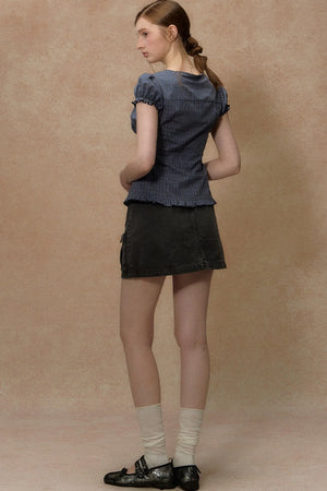 Plaid Puff Sleeve Ruched Top