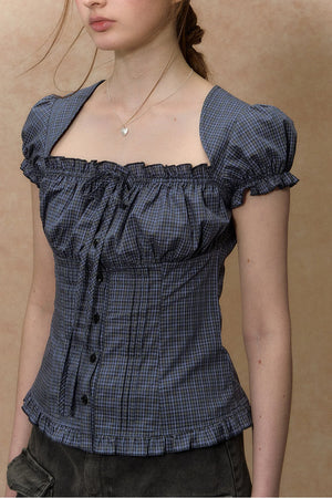 Plaid Puff Sleeve Ruched Top