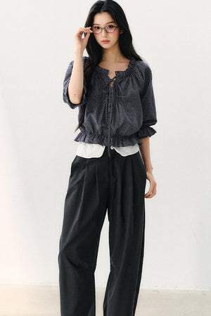 Plaid Puff Sleeve Tie Waist Cotton Top