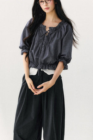 Plaid Puff Sleeve Tie Waist Cotton Top