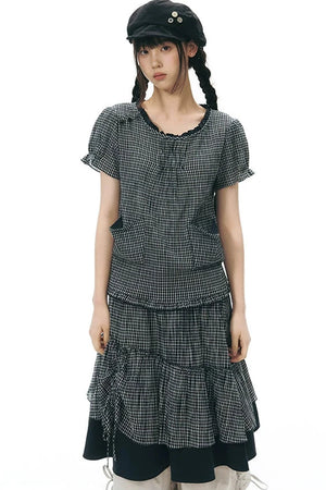Plaid Ruffled Placket Shirt & Skirt Set-Up