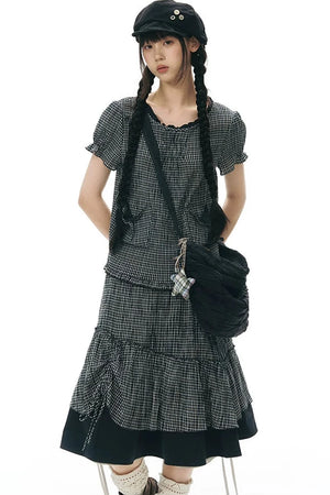 Plaid Ruffled Placket Shirt & Skirt Set-Up