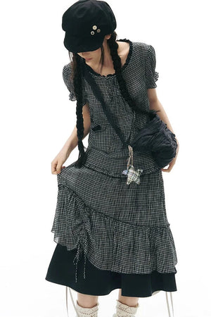 Plaid Ruffled Placket Shirt & Skirt Set-Up