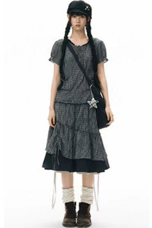 Plaid Ruffled Placket Shirt & Skirt Set-Up