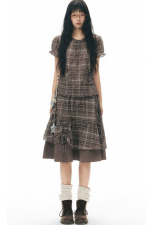 Plaid Ruffled Placket Shirt & Skirt Set-Up