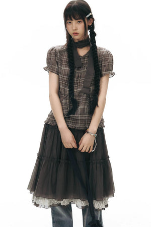 Plaid Ruffled Placket Shirt & Skirt Set-Up