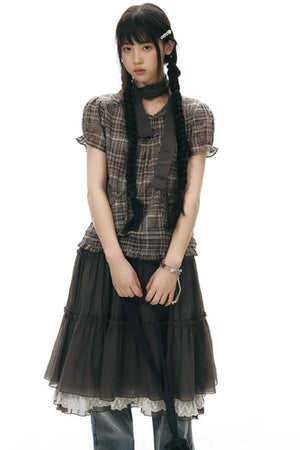 Plaid Ruffled Placket Shirt & Skirt Set-Up