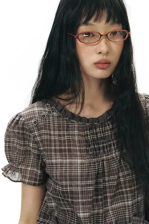 Plaid Ruffled Placket Shirt & Skirt Set-Up