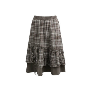 Plaid Ruffled Placket Shirt & Skirt Set-Up