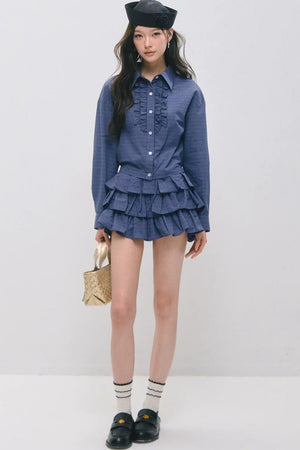 Plaid Ruffled Shirt and Cake Skirt Set-Up