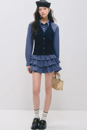 Plaid Ruffled Shirt and Cake Skirt Set-Up