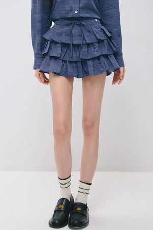 Plaid Ruffled Shirt and Cake Skirt Set-Up