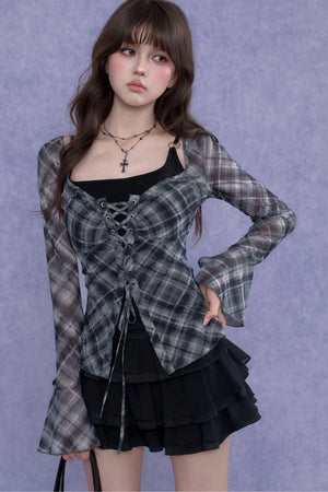 Plaid Tie-Neck Slim Top Set-Up