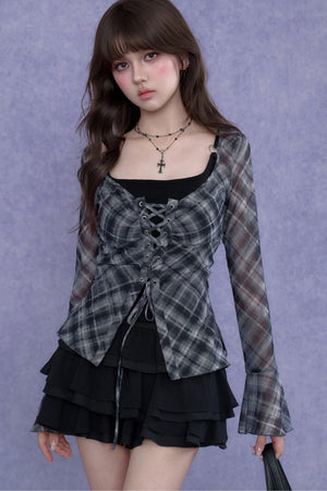 Plaid Tie-Neck Slim Top Set-Up