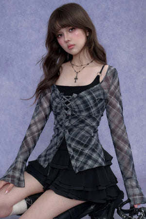Plaid Tie-Neck Slim Top Set-Up