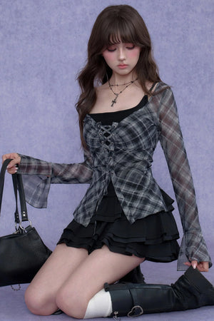 Plaid Tie-Neck Slim Top Set-Up