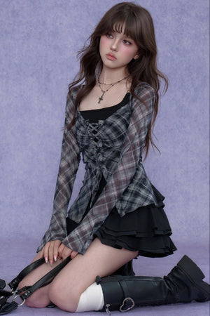 Plaid Tie-Neck Slim Top Set-Up