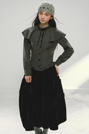 Plaid Velvet Floral Cape Blouse