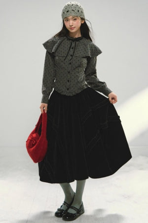 Plaid Velvet Floral Cape Blouse