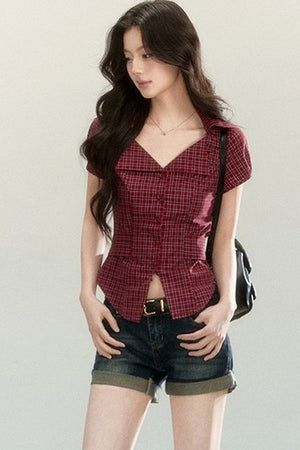 Plaid Waist-Cinching Short-Sleeved Shirt