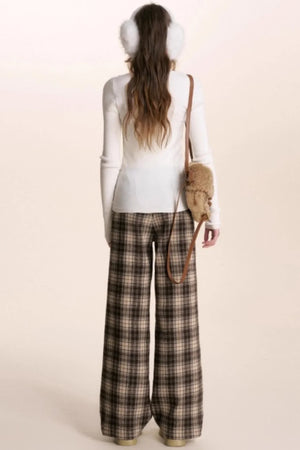 Plaid Woolen Wide-Leg Trousers