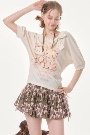 Playful Cat Print Bow Top