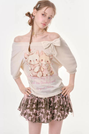 Playful Cat Print Bow Top