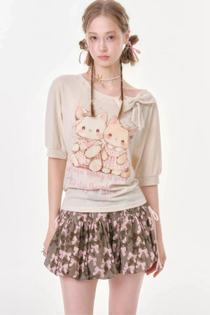 Playful Cat Print Bow Top