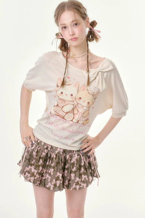 Playful Cat Print Bow Top