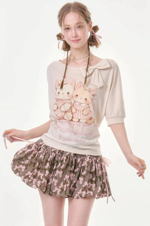 Playful Cat Print Bow Top