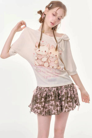 Playful Cat Print Bow Top