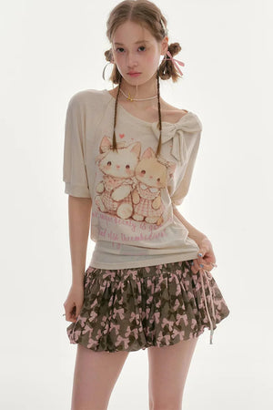 Playful Cat Print Bow Top