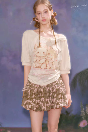 Playful Cat Print Bow Top