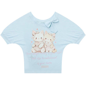 Playful Cat Print Light Blue T-Shirt