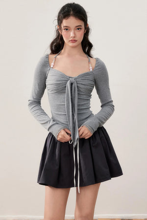 Pleated Bow Beaded Halterneck Top