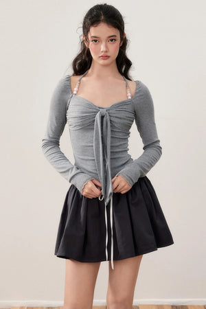 Pleated Bow Beaded Halterneck Top