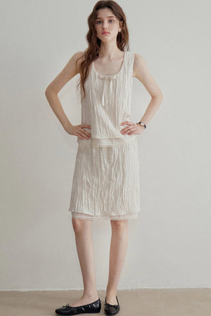 Pleated Bow Linen Vest Set-Up