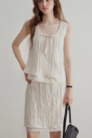 Pleated Bow Linen Vest Set-Up