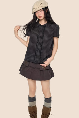Pleated Bow Plaid Shirt