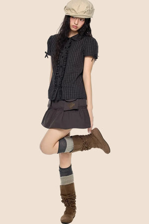 Pleated Bow Plaid Shirt