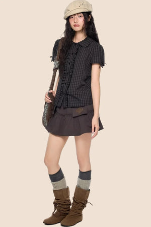 Pleated Bow Plaid Shirt