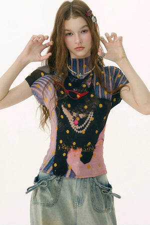Pleated Cat Print Blouse