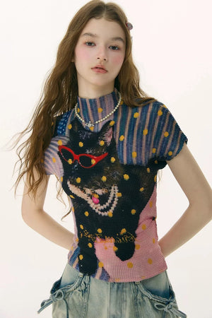 Pleated Cat Print Blouse