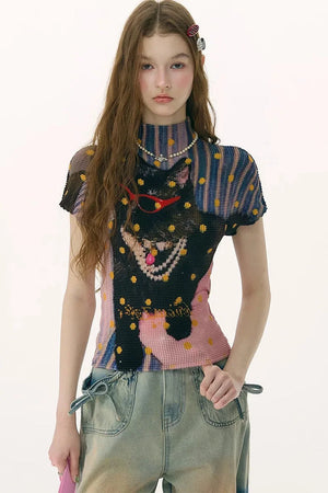 Pleated Cat Print Blouse