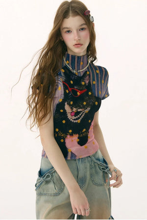 Pleated Cat Print Blouse