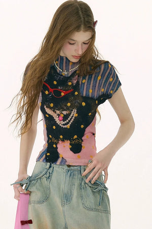 Pleated Cat Print Blouse