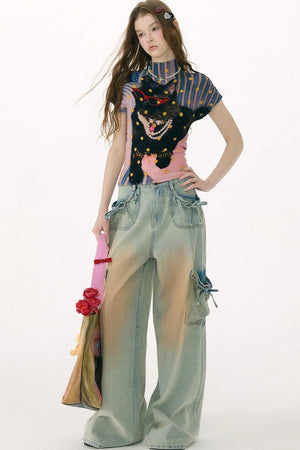Pleated Cat Print Blouse