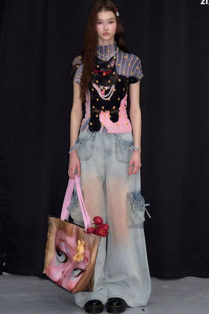 Pleated Cat Print Blouse